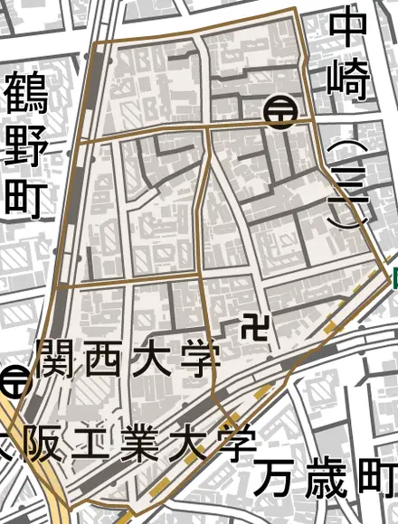 中崎西とその周辺の地図。町の範囲を重ねている
