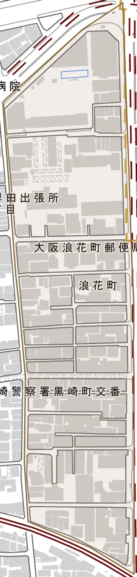 浪花町とその周辺の地図。町の範囲を重ねている