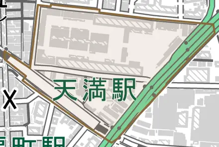 錦町とその周辺の地図。町の範囲を重ねている