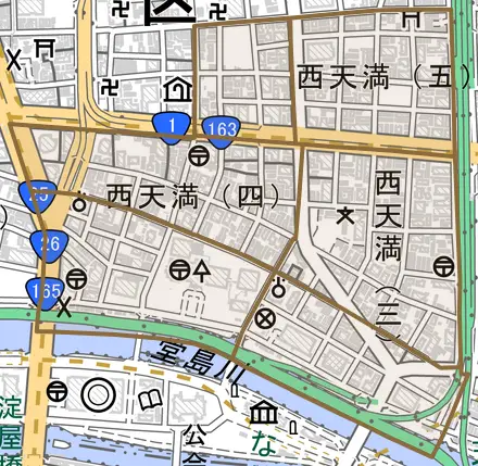 西天満とその周辺の地図。町の範囲を重ねている