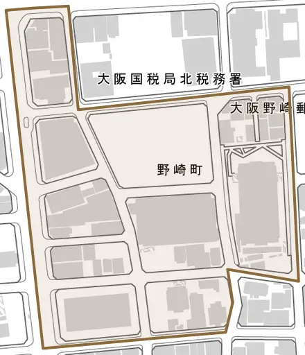 野崎町とその周辺の地図。町の範囲を重ねている