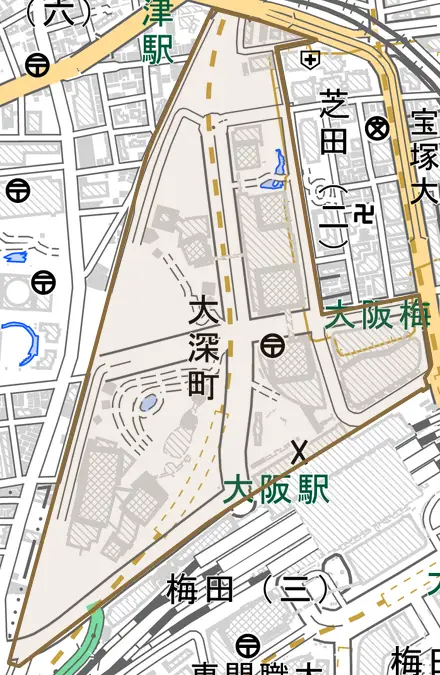 大深町とその周辺の地図。町の範囲を重ねている