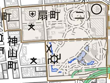 扇町とその周辺の地図。町の範囲を重ねている