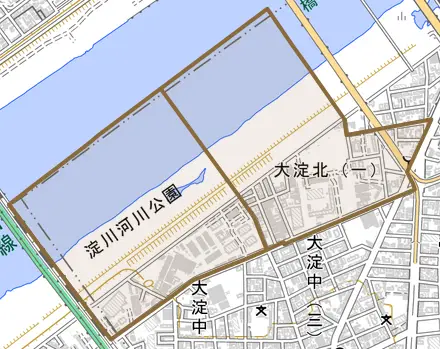 大淀北とその周辺の地図。町の範囲を重ねている