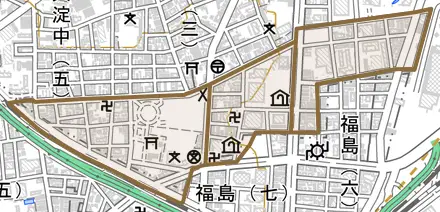 大淀南とその周辺の地図。町の範囲を重ねている