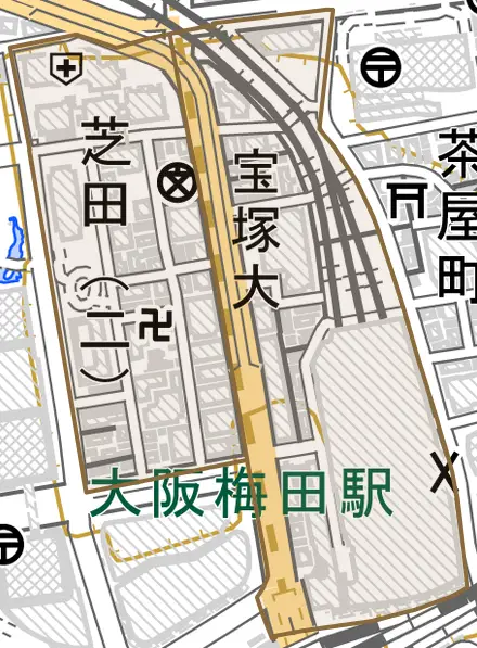 芝田とその周辺の地図。町の範囲を重ねている