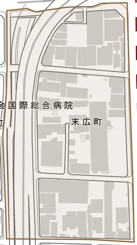 末広町とその周辺の地図。町の範囲を重ねている