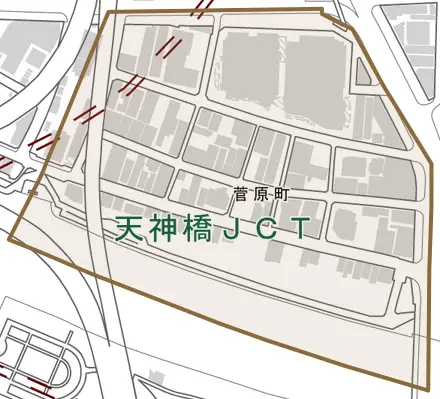 菅原町とその周辺の地図。町の範囲を重ねている