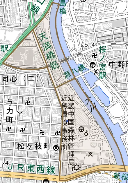 天満橋とその周辺の地図。町の範囲を重ねている