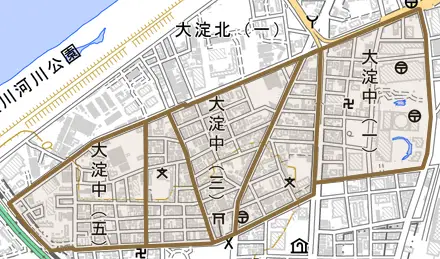 大淀中とその周辺の地図。町の範囲を重ねている