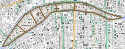 中之島とその周辺の地図。町の範囲を重ねている