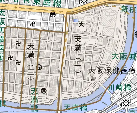 天満とその周辺の地図。町の範囲を重ねている