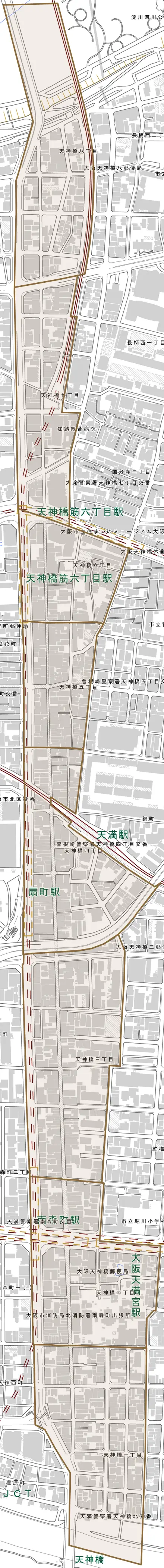 天神橋とその周辺の地図。町の範囲を重ねている