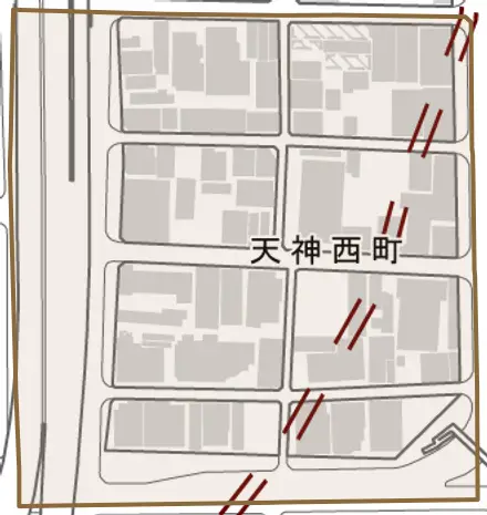 天神西町とその周辺の地図。町の範囲を重ねている