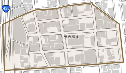 兎我野町とその周辺の地図。町の範囲を重ねている