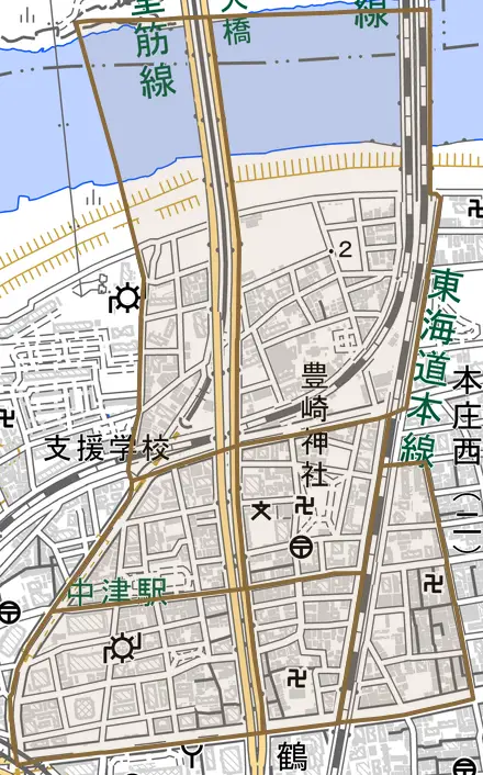 豊崎とその周辺の地図。町の範囲を重ねている