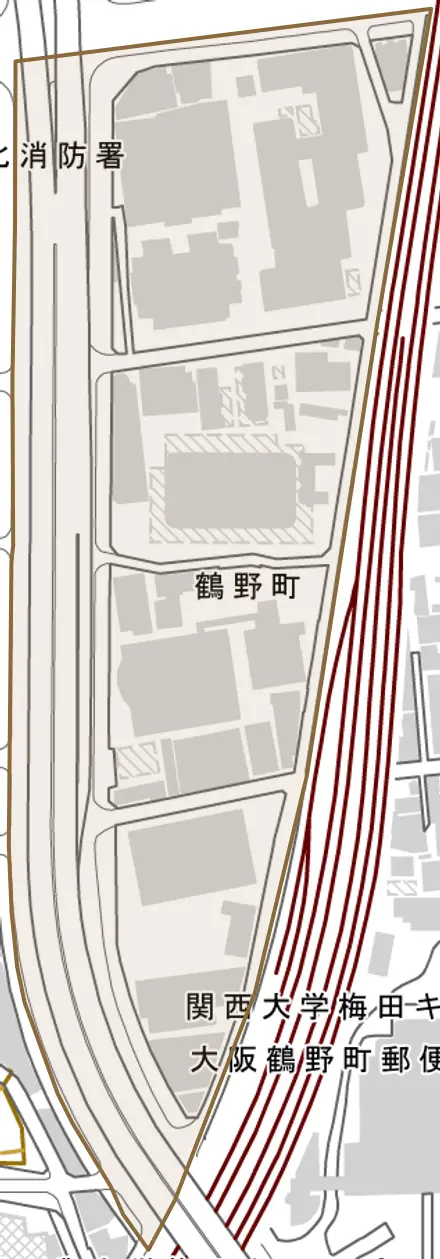 鶴野町とその周辺の地図。町の範囲を重ねている