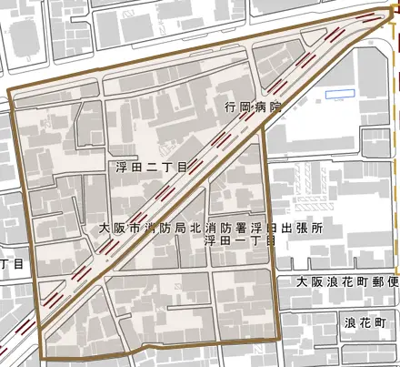 浮田とその周辺の地図。町の範囲を重ねている