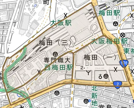 梅田とその周辺の地図。町の範囲を重ねている