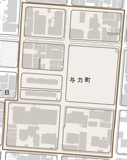 与力町とその周辺の地図。町の範囲を重ねている