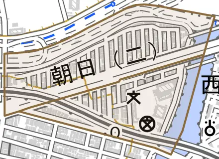 朝日とその周辺の地図。町の範囲を重ねている