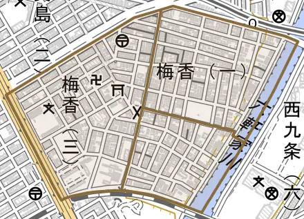梅香とその周辺の地図。町の範囲を重ねている