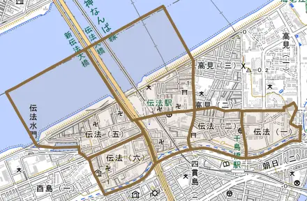 伝法とその周辺の地図。町の範囲を重ねている