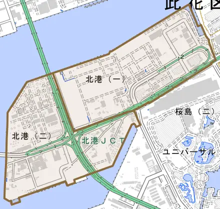 北港とその周辺の地図。町の範囲を重ねている