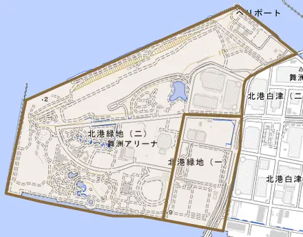 北港緑地とその周辺の地図。町の範囲を重ねている
