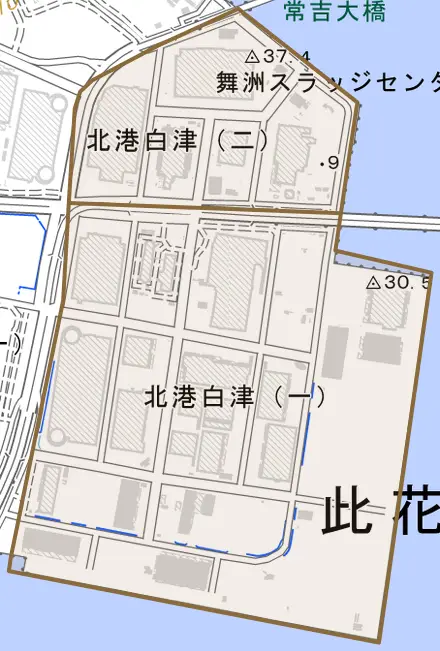北港白津とその周辺の地図。町の範囲を重ねている