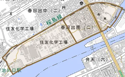春日出南とその周辺の地図。町の範囲を重ねている