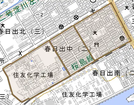 春日出中とその周辺の地図。町の範囲を重ねている