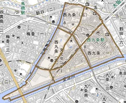 西九条とその周辺の地図。町の範囲を重ねている