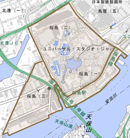 桜島とその周辺の地図。町の範囲を重ねている