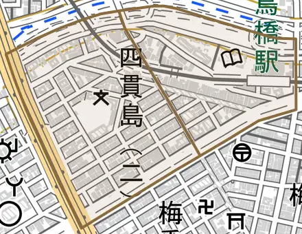 四貫島とその周辺の地図。町の範囲を重ねている