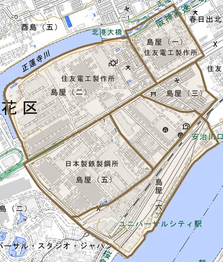 島屋とその周辺の地図。町の範囲を重ねている
