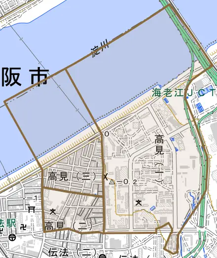高見とその周辺の地図。町の範囲を重ねている