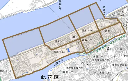 酉島とその周辺の地図。町の範囲を重ねている