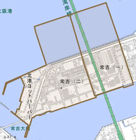 常吉とその周辺の地図。町の範囲を重ねている