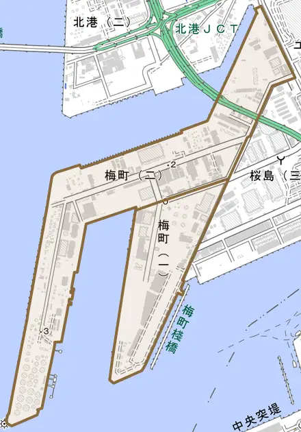 梅町とその周辺の地図。町の範囲を重ねている