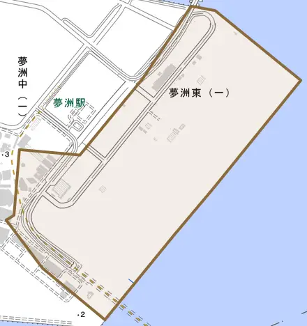 夢洲東とその周辺の地図。町の範囲を重ねている