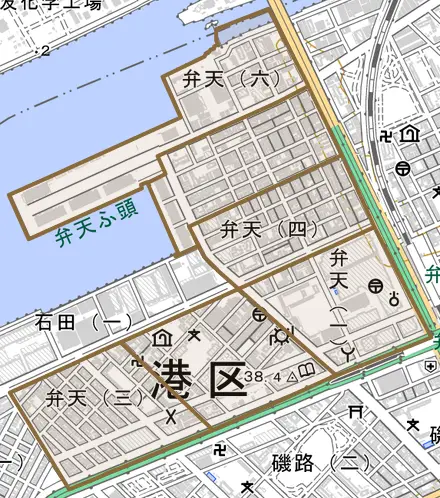 弁天とその周辺の地図。町の範囲を重ねている