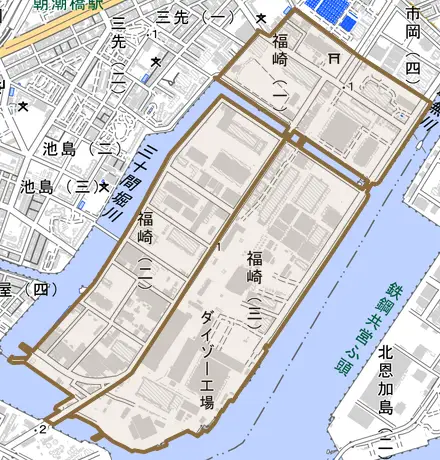 福崎とその周辺の地図。町の範囲を重ねている
