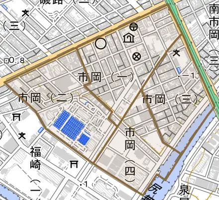 市岡とその周辺の地図。町の範囲を重ねている