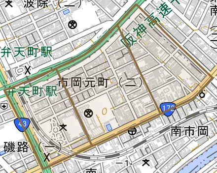 市岡元町とその周辺の地図。町の範囲を重ねている