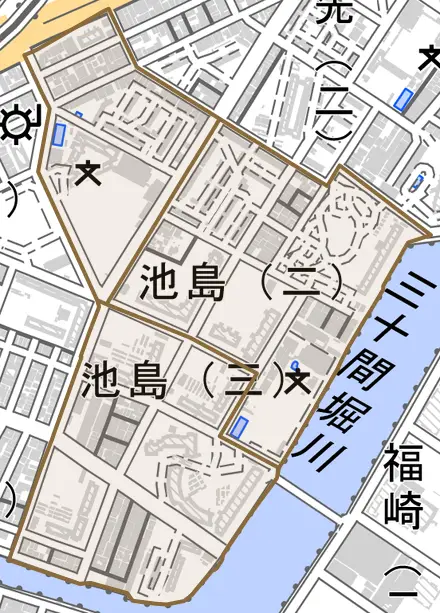 池島とその周辺の地図。町の範囲を重ねている