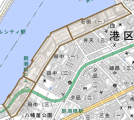 石田とその周辺の地図。町の範囲を重ねている