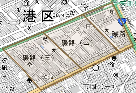 磯路とその周辺の地図。町の範囲を重ねている