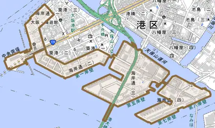 海岸通とその周辺の地図。町の範囲を重ねている