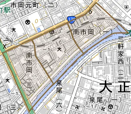 南市岡とその周辺の地図。町の範囲を重ねている